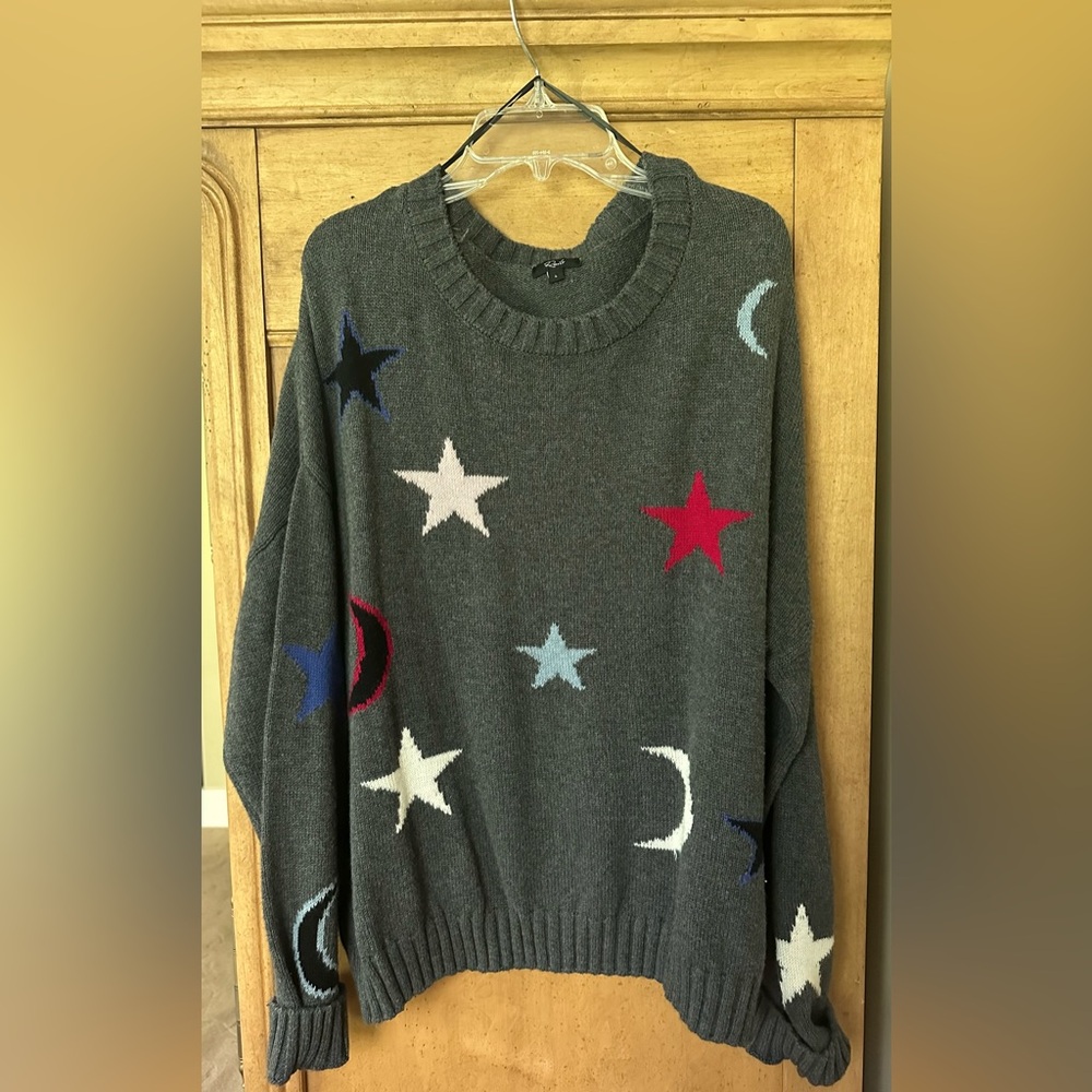 Rail’s Women L Knit Sweater Charcoal Gray Multicolor Stars Moon Cashmere Blend
